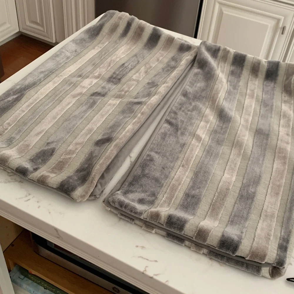 Pair of Gray and blue velvet striped pillow covers. - Picture 3 of 3